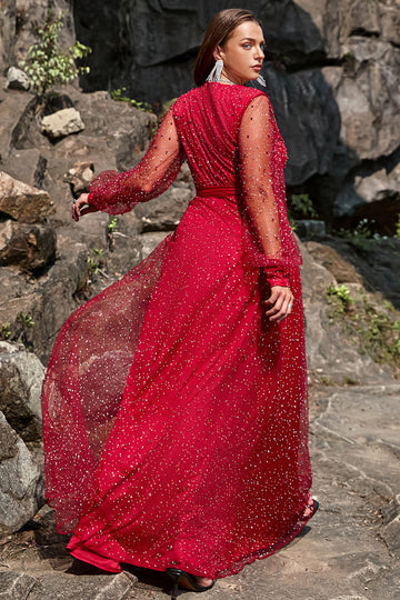 Vestido de Graduación Cuello en V Rojo Oscuro Talla Grande